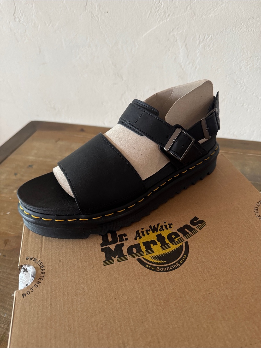Dr. Martens Black Leather Voss Slide with Yellow Stitching 11